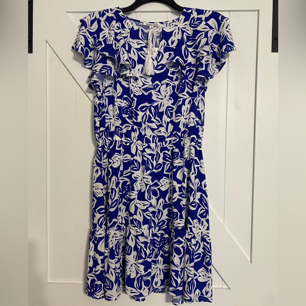 Blue and White Flutter Sleeve Sundress Size Large NWT